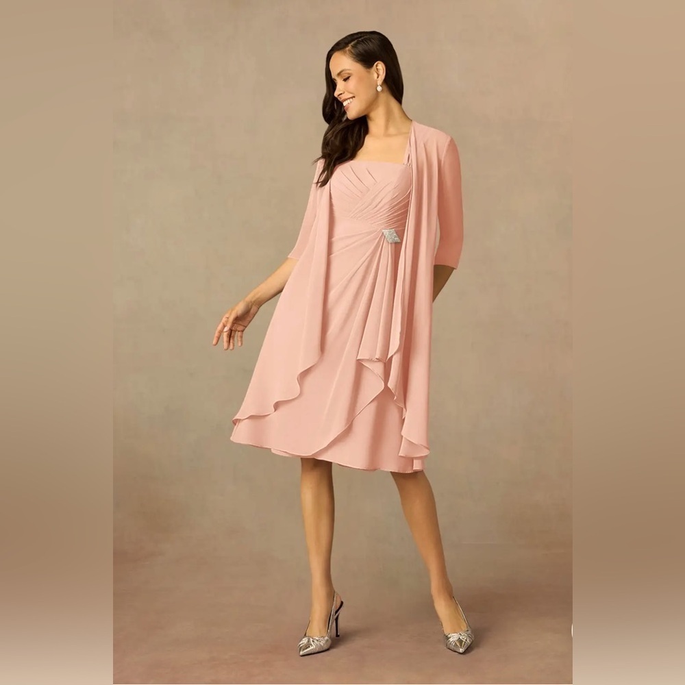 A-Line Dusty Rose Square Neckline Pleated Chiffon 2 pc dress set sz 12